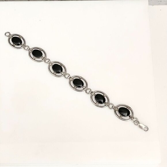 Vintage Handmade Sterling Silver Black Onyx Round Link Segment Bracelet 7.5" - Picture 3 of 5